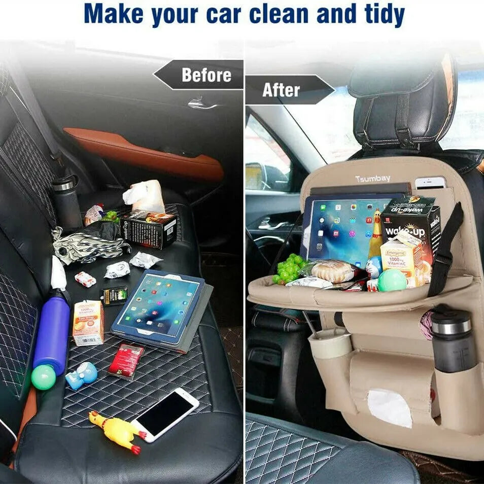 Luxury Car Seat Back Organizer with Foldable Table – PU Leather Storage & Kick Mat Protection