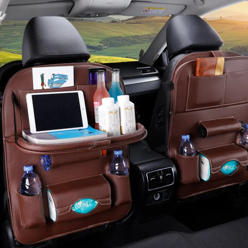 Luxury Car Seat Back Organizer with Foldable Table – PU Leather Storage & Kick Mat Protection