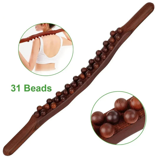 Wooden Guasha Therapy Stick - Lymphatic Drainage & Double-Row 31 Beads Massage Tool